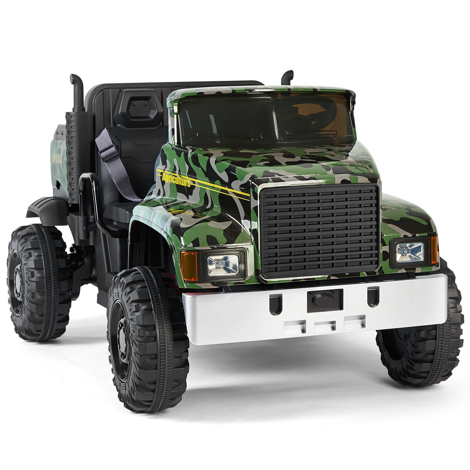 Ride in Style with the 24V Battery-Powered Camo Truck Tractor for Kids, Featuring Bluetooth RC and Trailer
