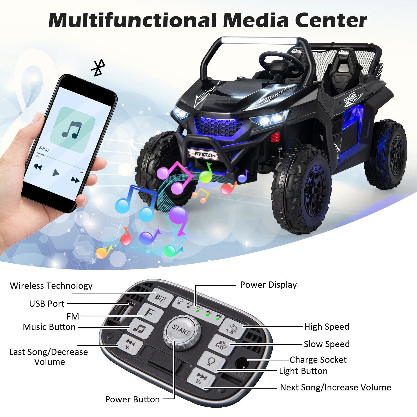 Premium 12V Ride-On Truck with Safety Belts and Lockable Doors - Supports up to 130 LBS in Black