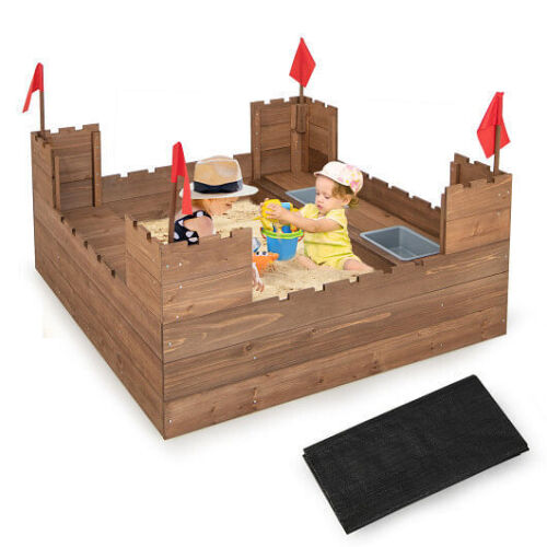 Premium Wooden Sandbox for Kids with Protective Liner and Fun Red Flags