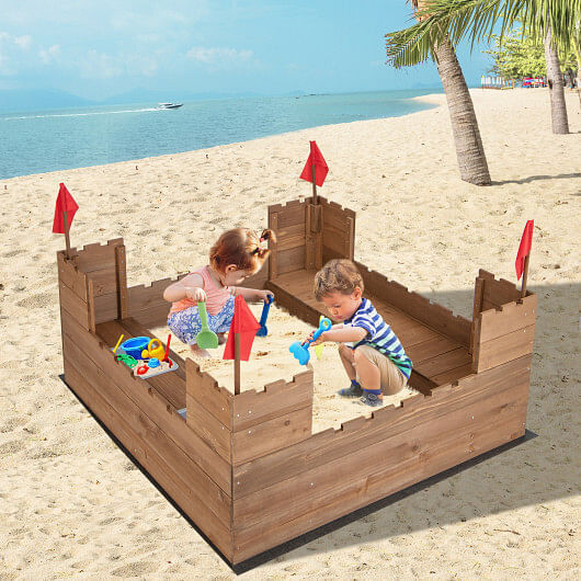 Premium Wooden Sandbox for Kids with Protective Liner and Fun Red Flags
