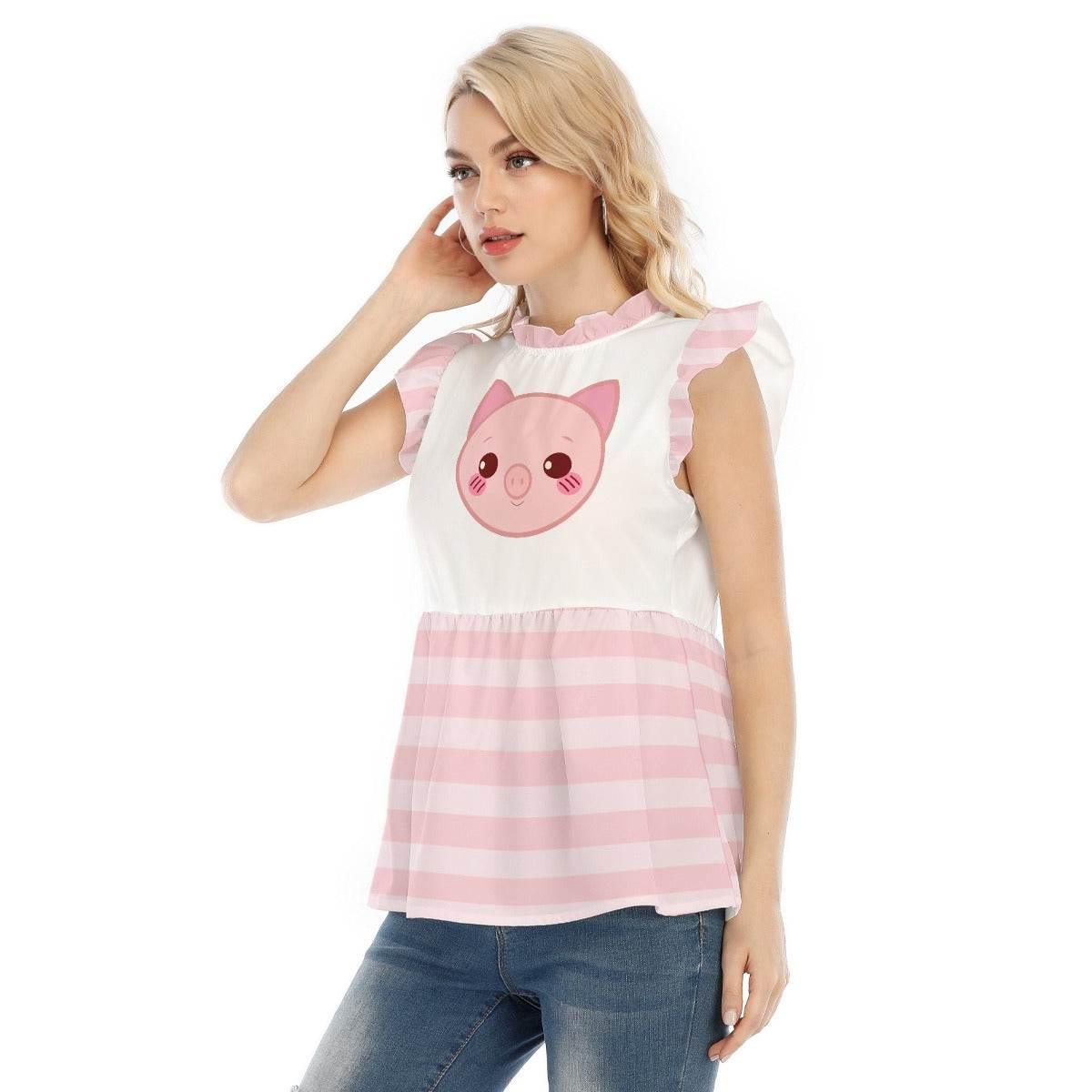 Kawaii Piglet Pink Striped Ruffle Blouse