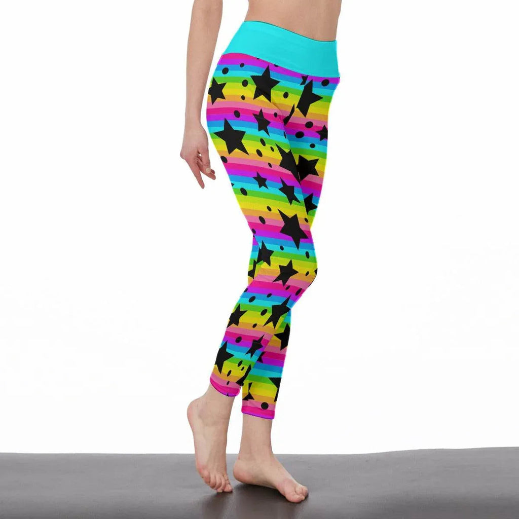 Neon Stripes & Stars High Waist Leggings