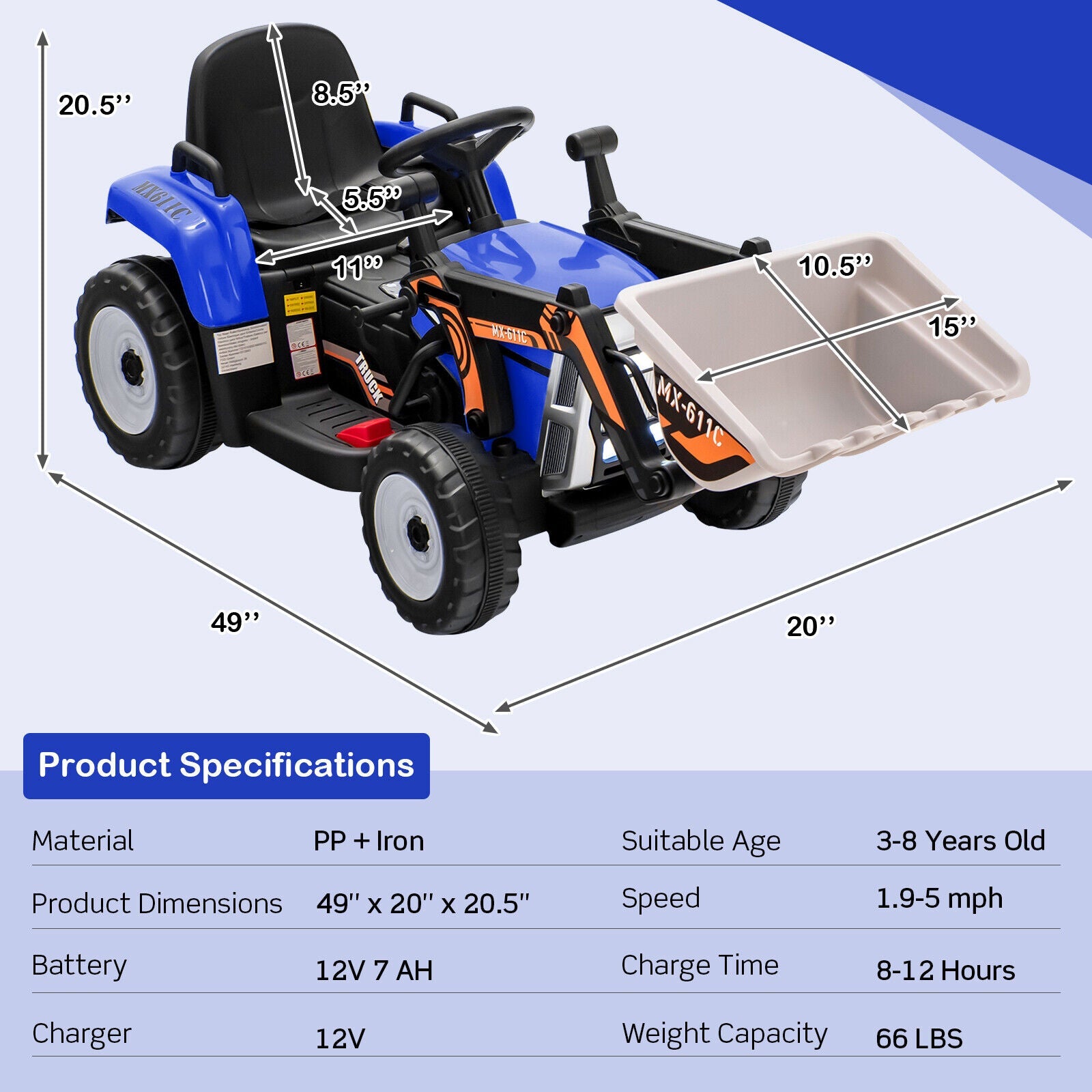 RC Electric Excavator Ride-On Toy Tractor for Kids with 2.4GHz Remote Control - 12V