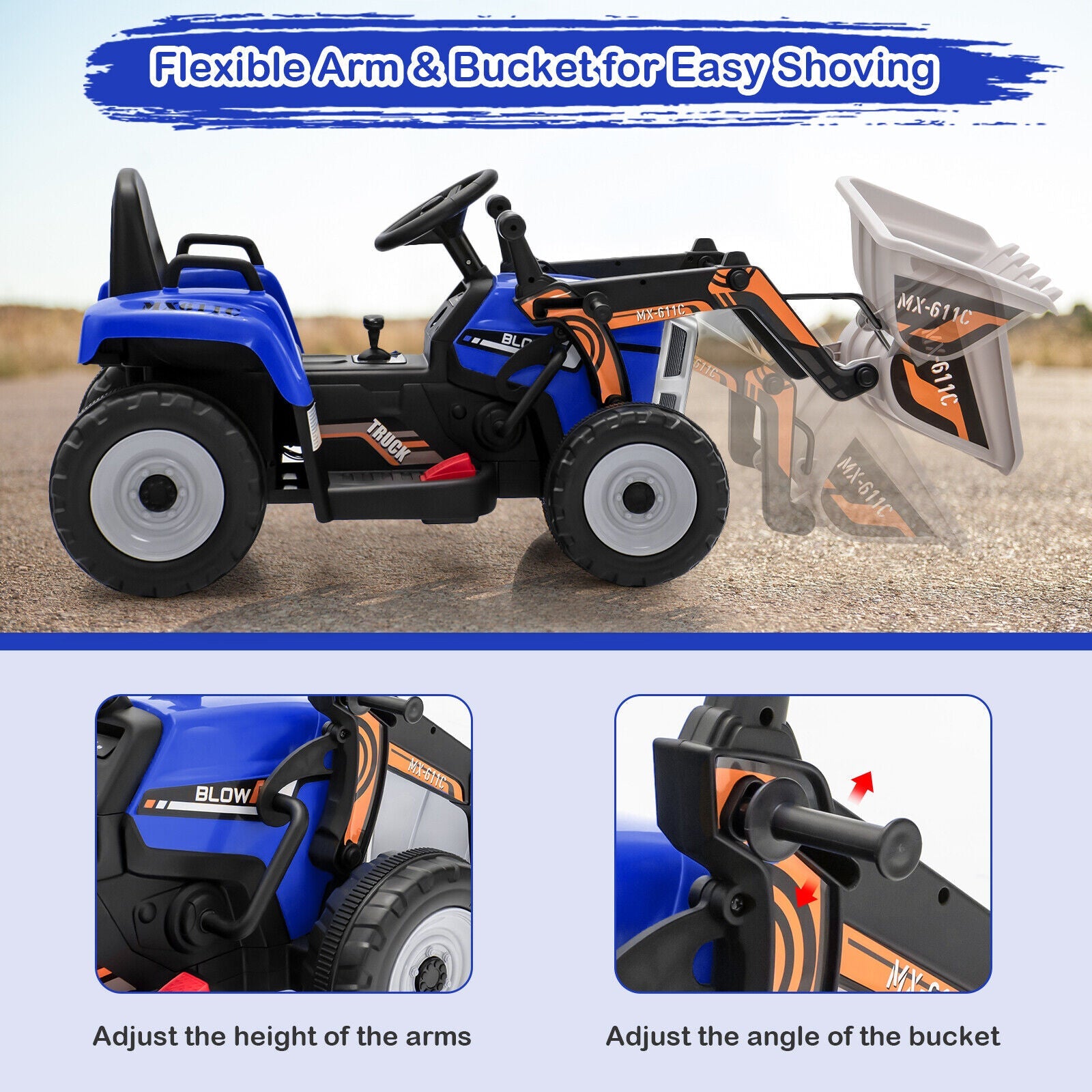 RC Electric Excavator Ride-On Toy Tractor for Kids with 2.4GHz Remote Control - 12V