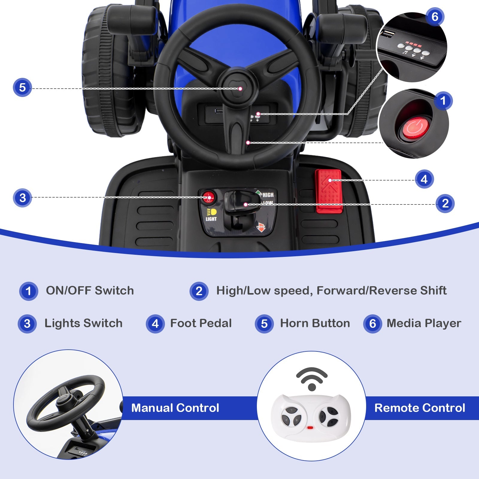 RC Electric Excavator Ride-On Toy Tractor for Kids with 2.4GHz Remote Control - 12V