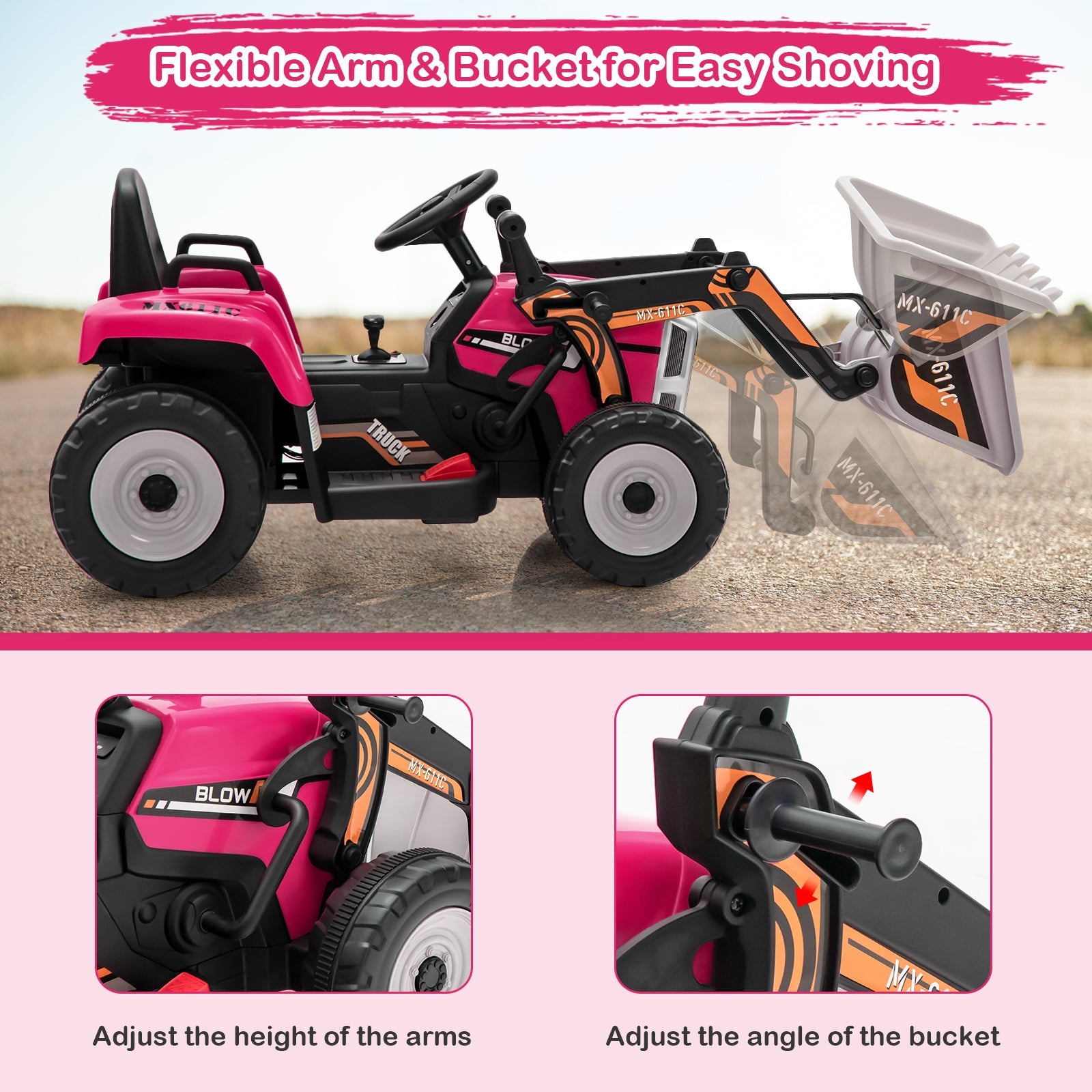 RC Electric Excavator Ride-On Toy Tractor for Kids with 2.4GHz Remote Control - 12V
