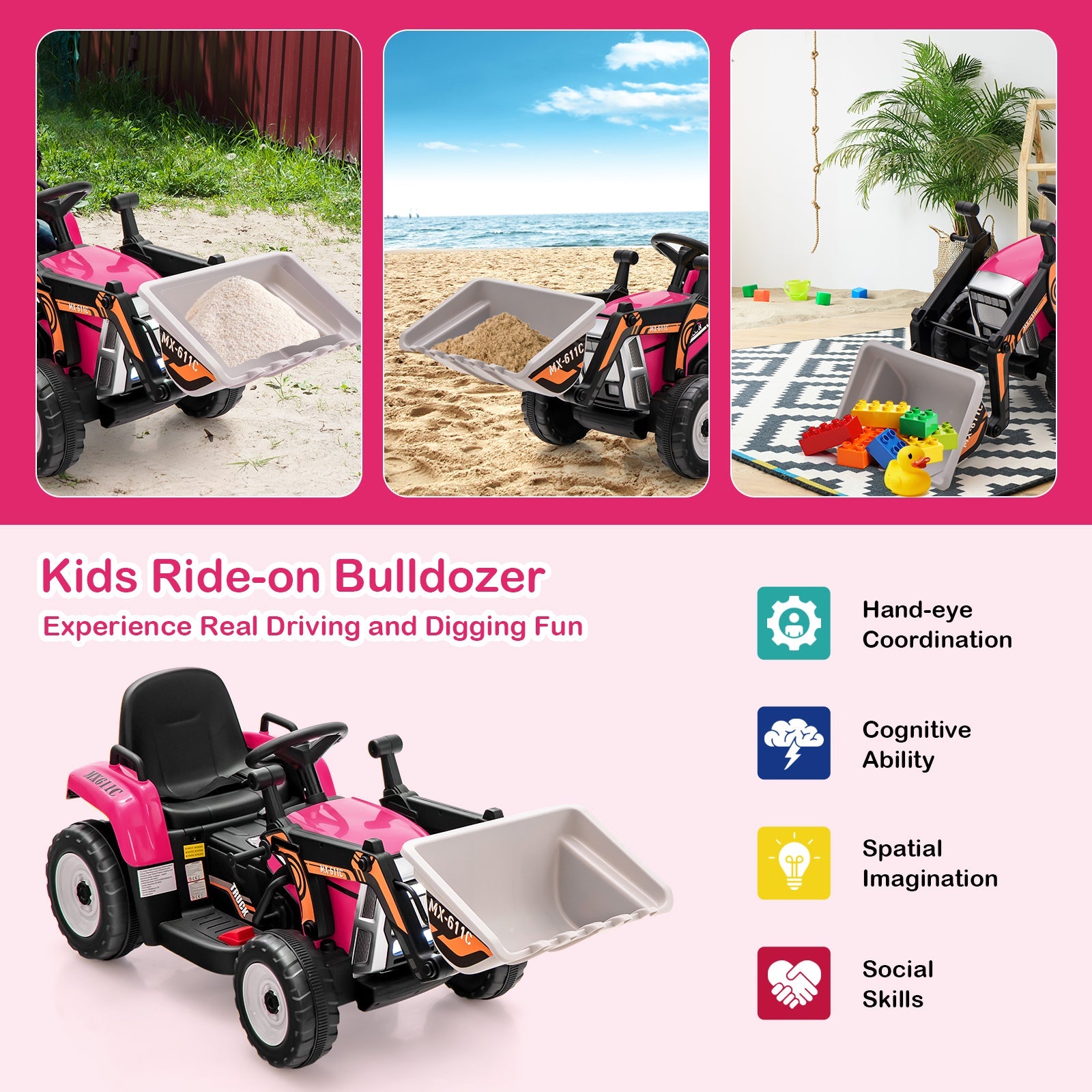RC Electric Excavator Ride-On Toy Tractor for Kids with 2.4GHz Remote Control - 12V