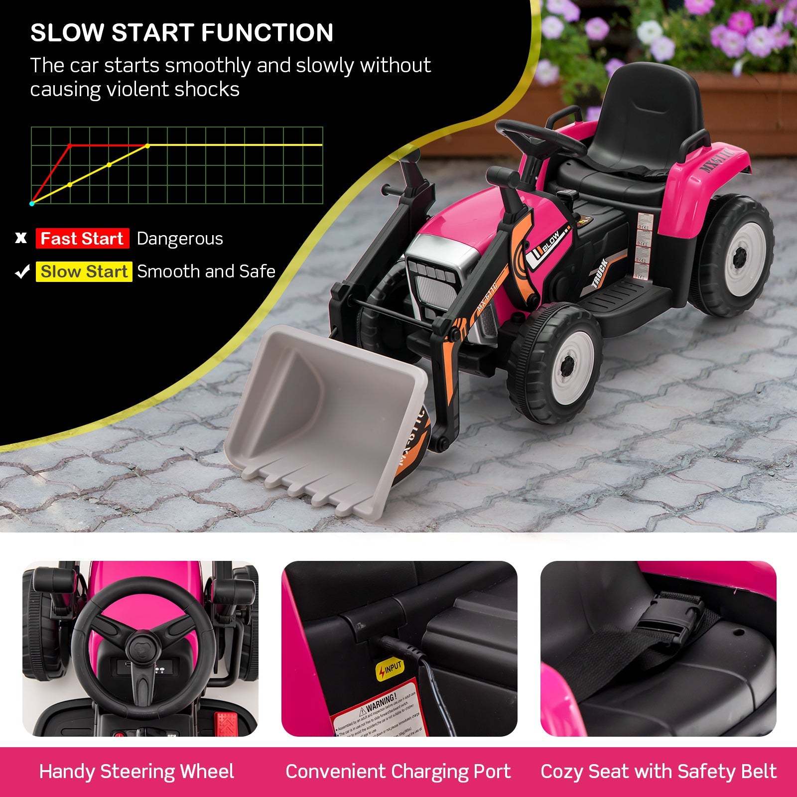 RC Electric Excavator Ride-On Toy Tractor for Kids with 2.4GHz Remote Control - 12V