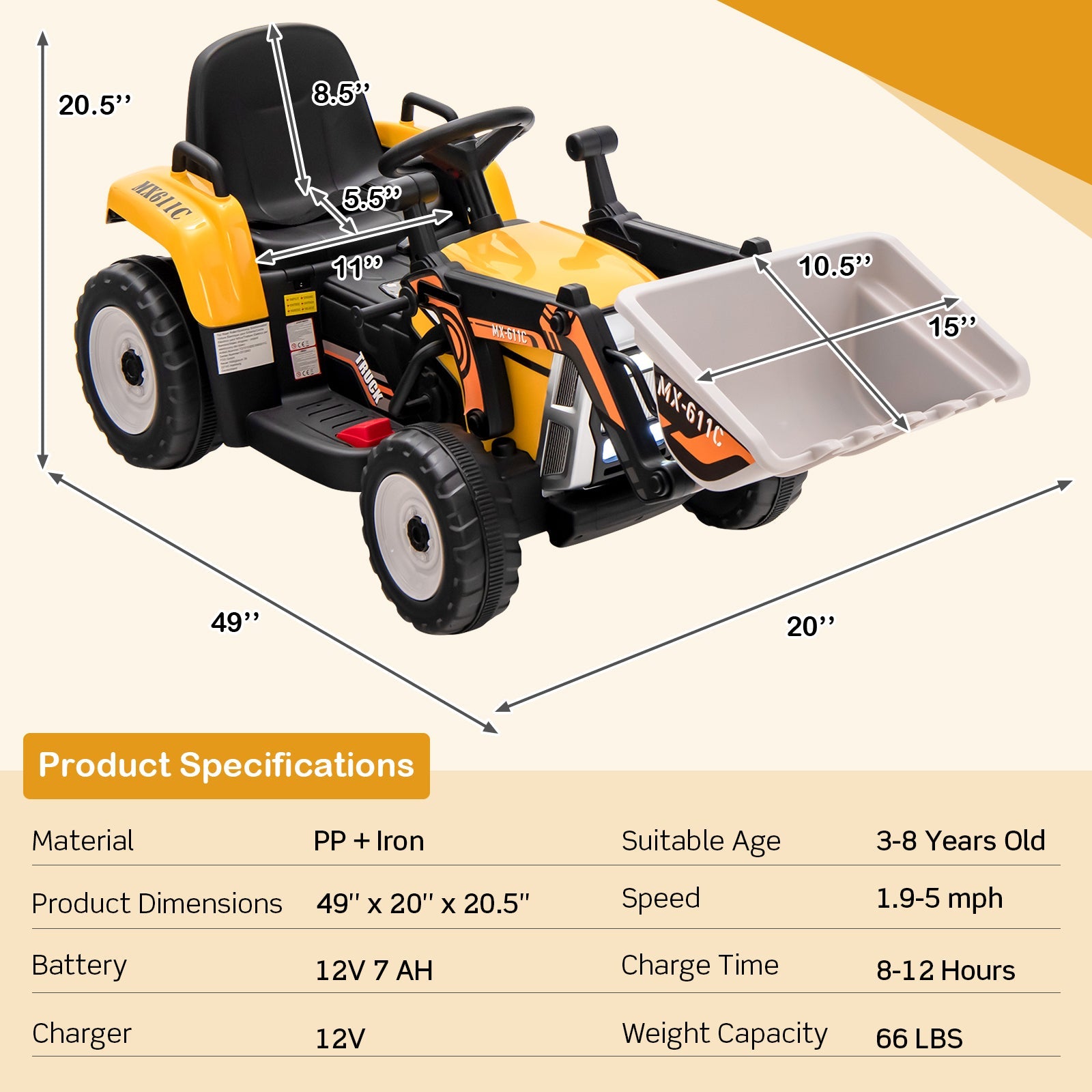 RC Electric Excavator Ride-On Toy Tractor for Kids with 2.4GHz Remote Control - 12V