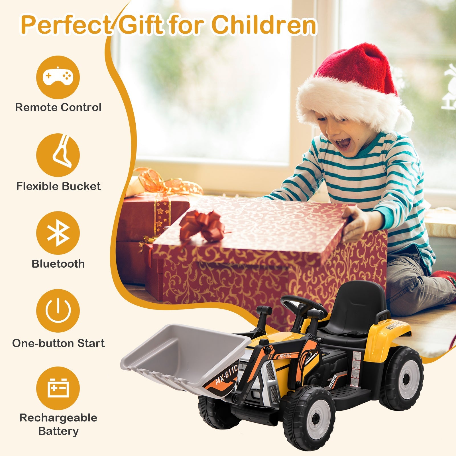 RC Electric Excavator Ride-On Toy Tractor for Kids with 2.4GHz Remote Control - 12V