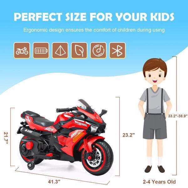 Red 12V Electric Motorbike for Kids with Training Wheels - Ride-On Motorcycle