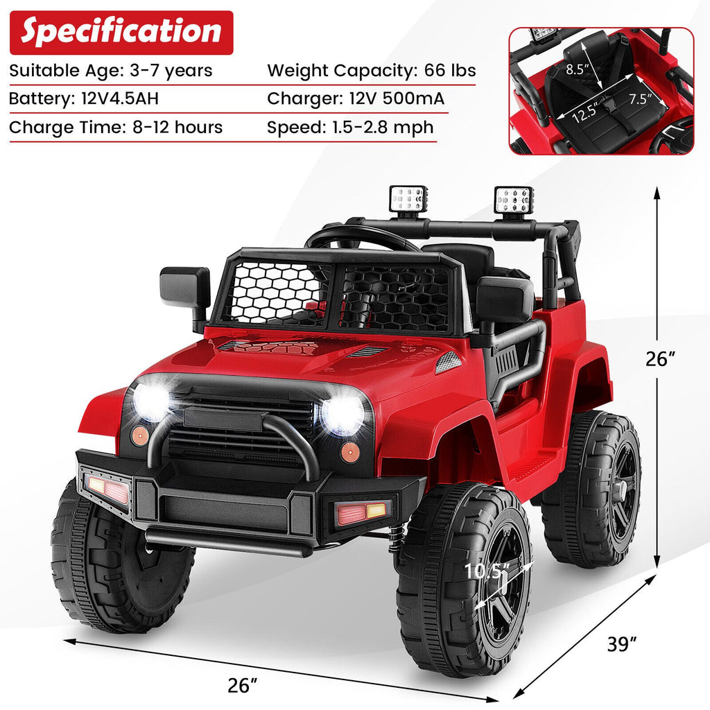 Red 12V Electric Ride-On Truck for Kids with Remote Control, Music, and Lights