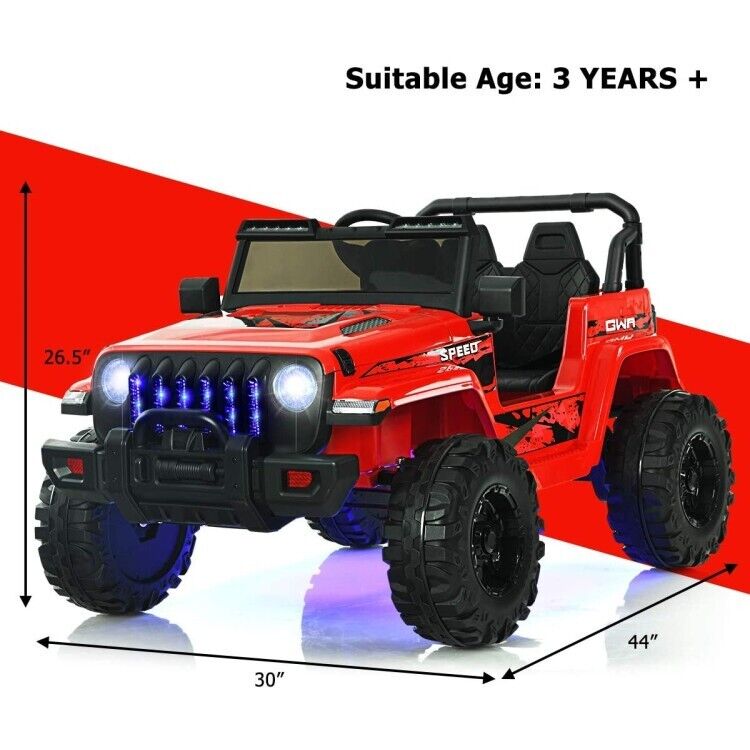 Red 12V Electric Ride-On Truck with Remote Control and LED Lights for Kids