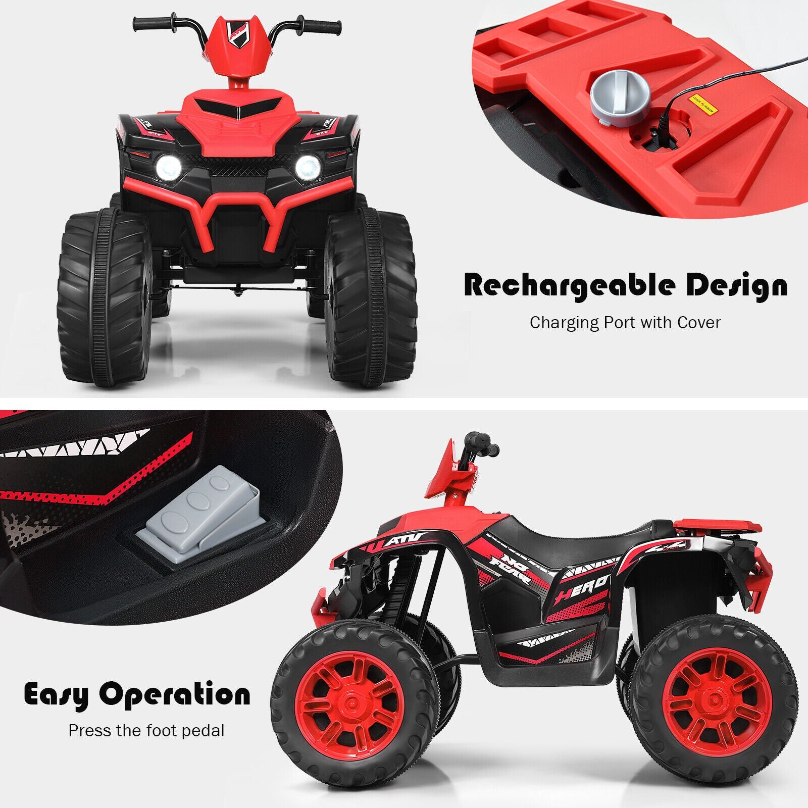 Red 12V Kids ATV Quad Ride On Car with LED Light and Music Toy