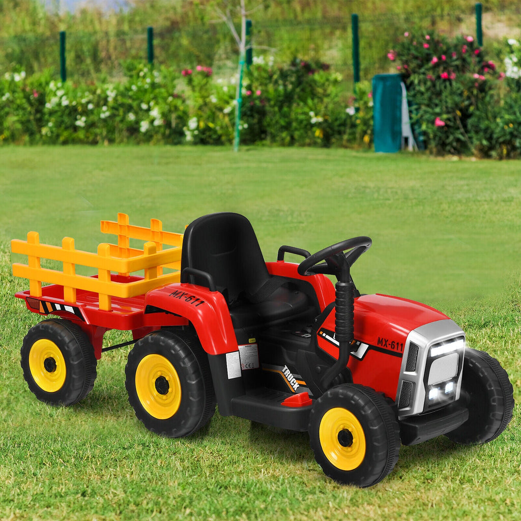 Red 12V Kids Ride On Tractor with Trailer, Remote Control, and LED Lights