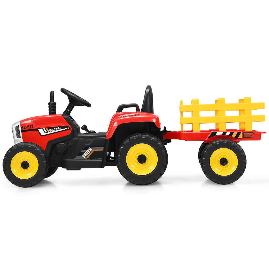 Red 12V Kids Ride On Tractor with Trailer, Remote Control, and LED Lights