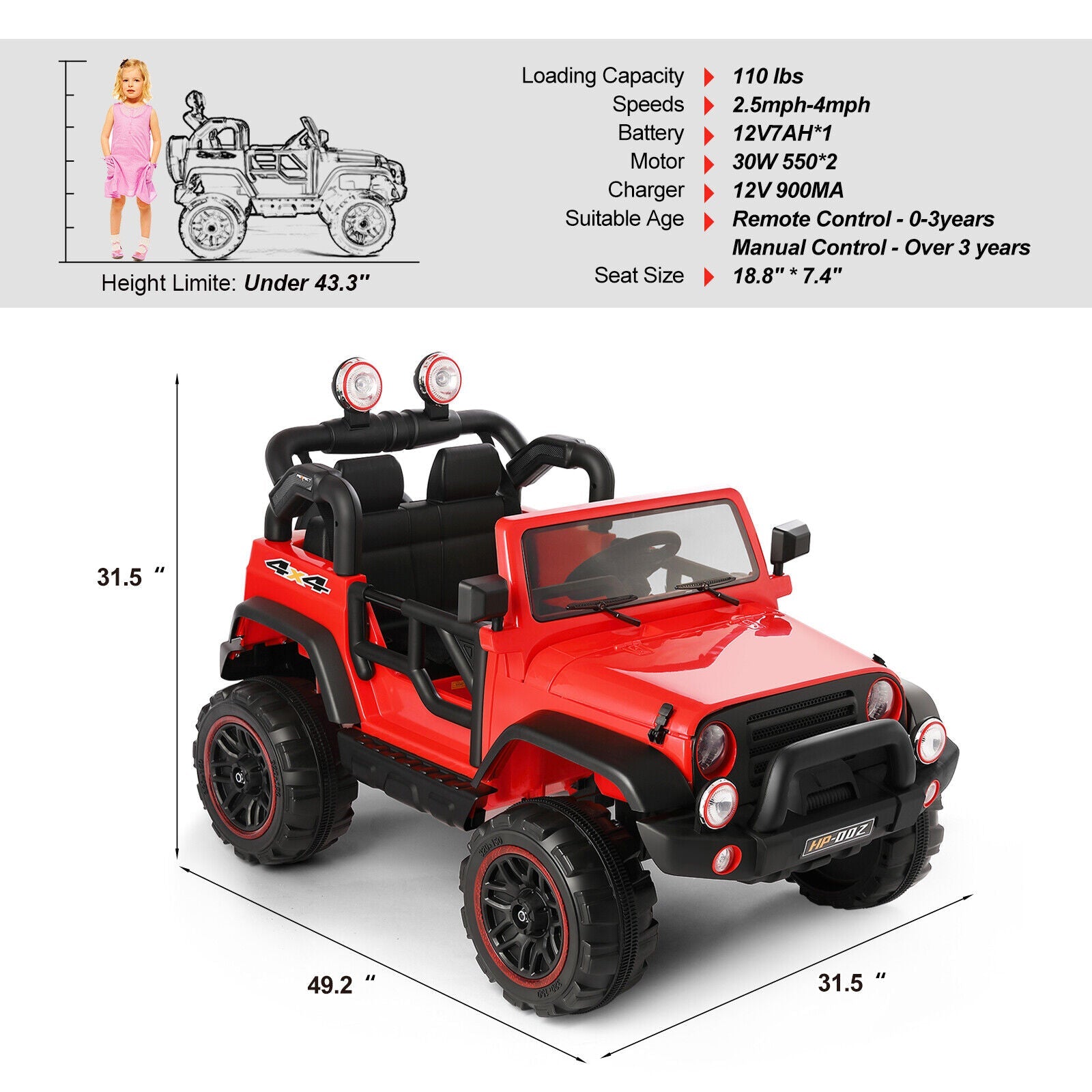 12V Red Kids Ride-On Truck with MP3, LED Lights, RC Control, and Cover