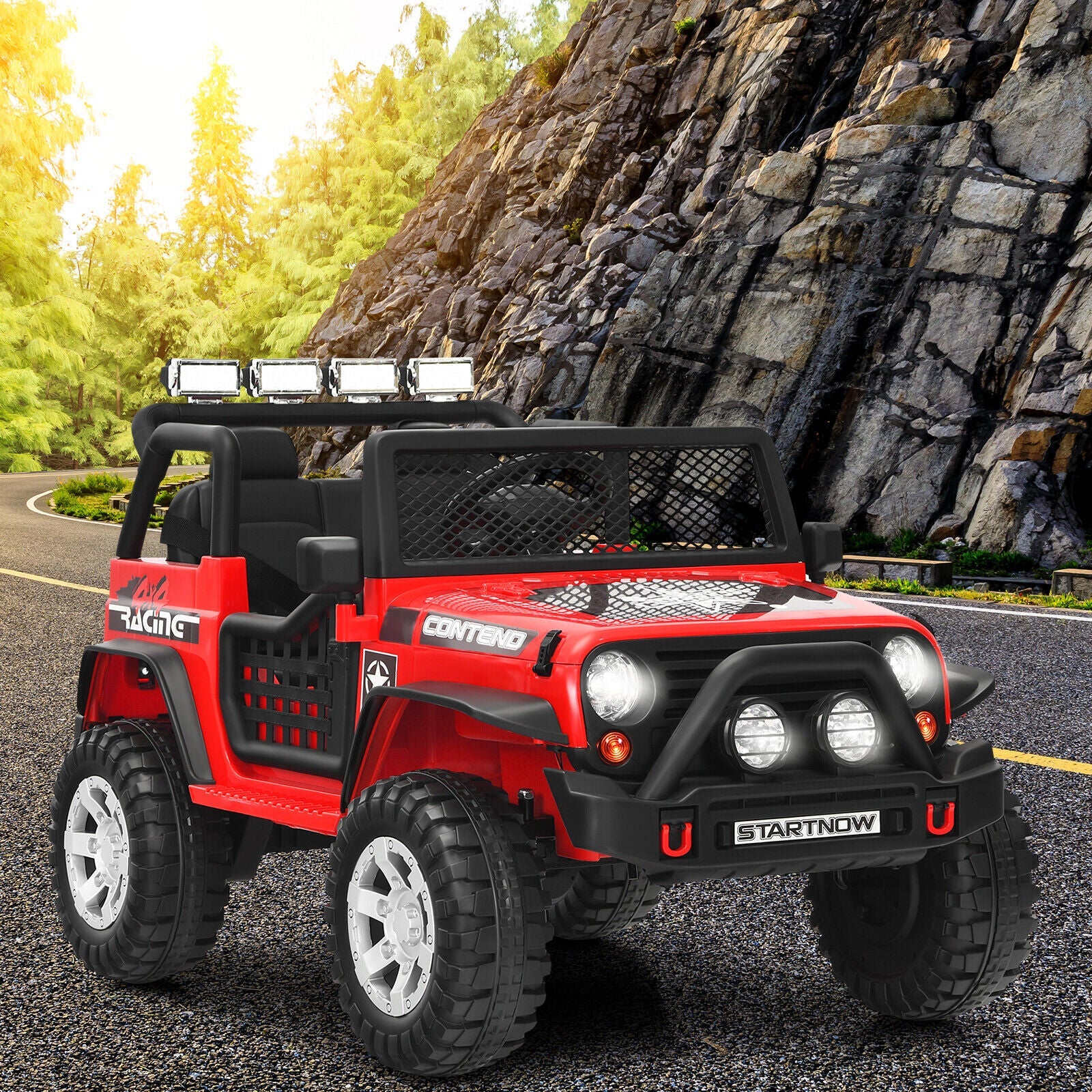 Red 12V Kids Ride On Truck with Remote Control, Lights, and Music