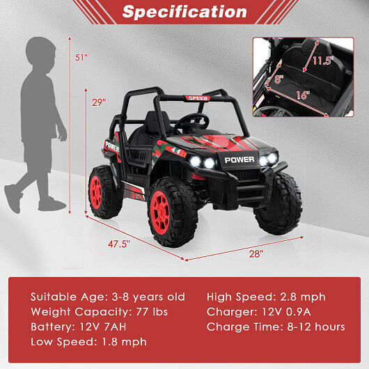 Red 12V Kids UTV Ride on Car with Remote Control, Music, and LED Lights