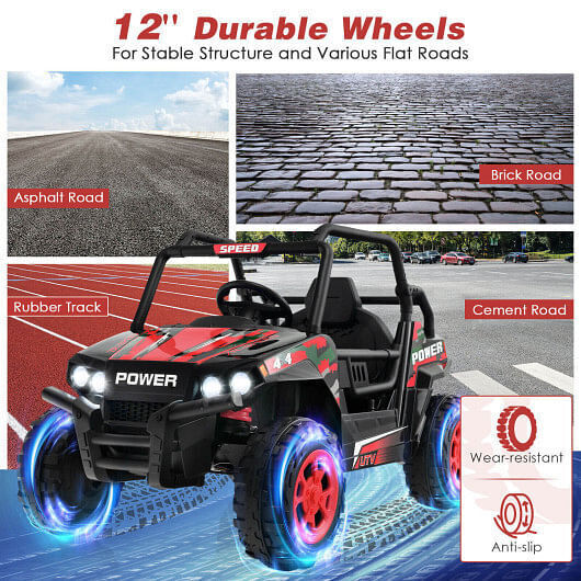 Red 12V Kids UTV Ride on Car with Remote Control, Music, and LED Lights