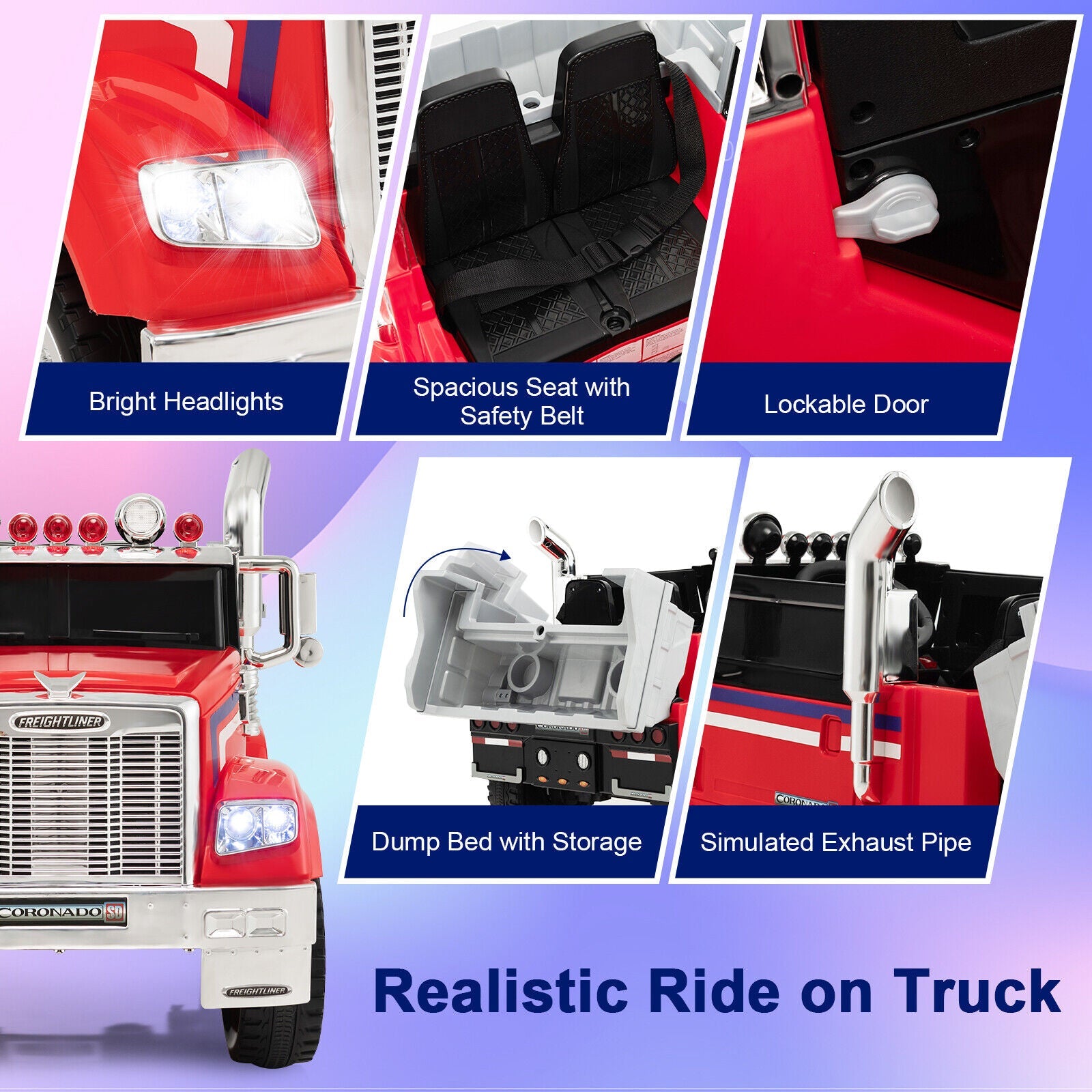 Red 12V Licensed Freightliner Kids Ride On Truck with Dump Box and Lights - Remote Control Included