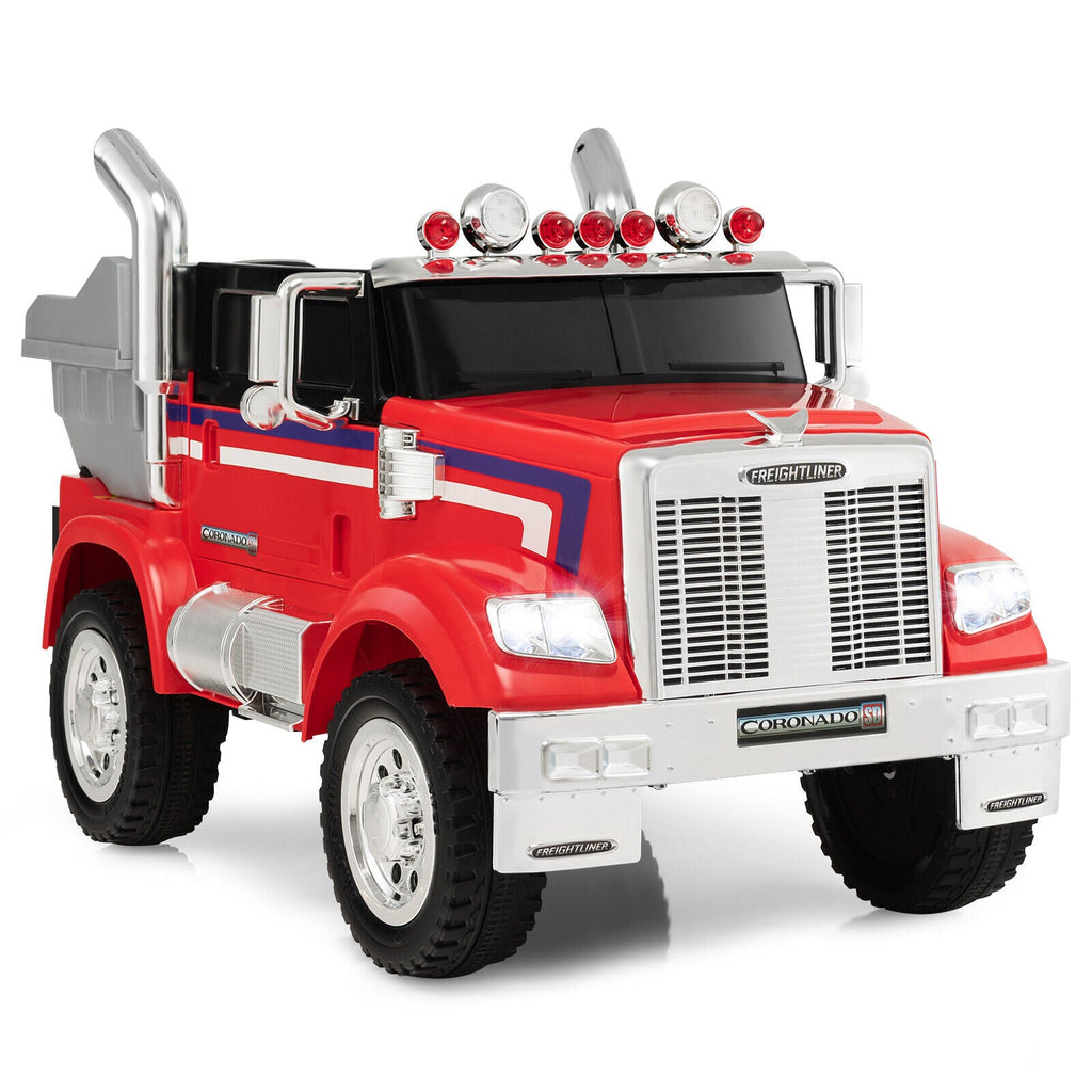Red 12V Licensed Freightliner Kids Ride On Truck with Dump Box and Lights - Remote Control Included