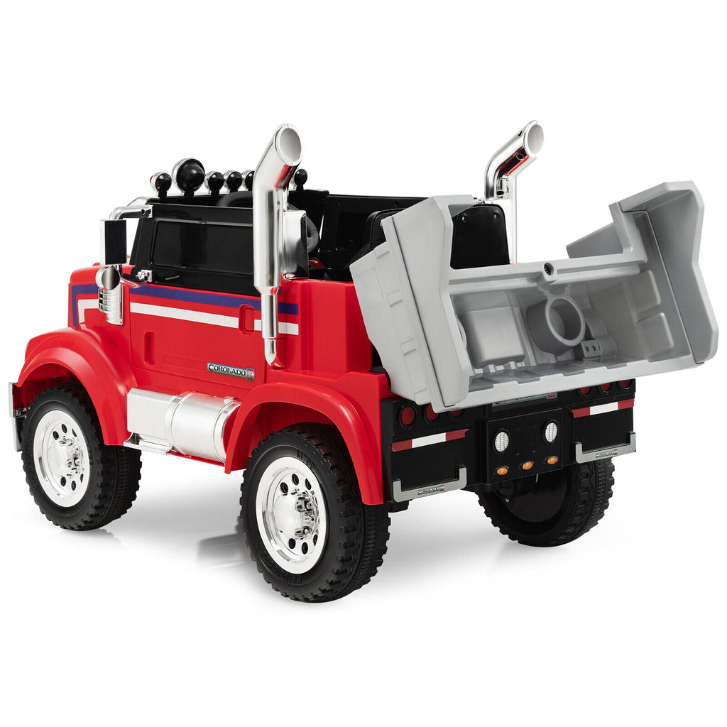 Red 12V Licensed Freightliner Kids Ride On Truck with Dump Box and Lights - Remote Control Included