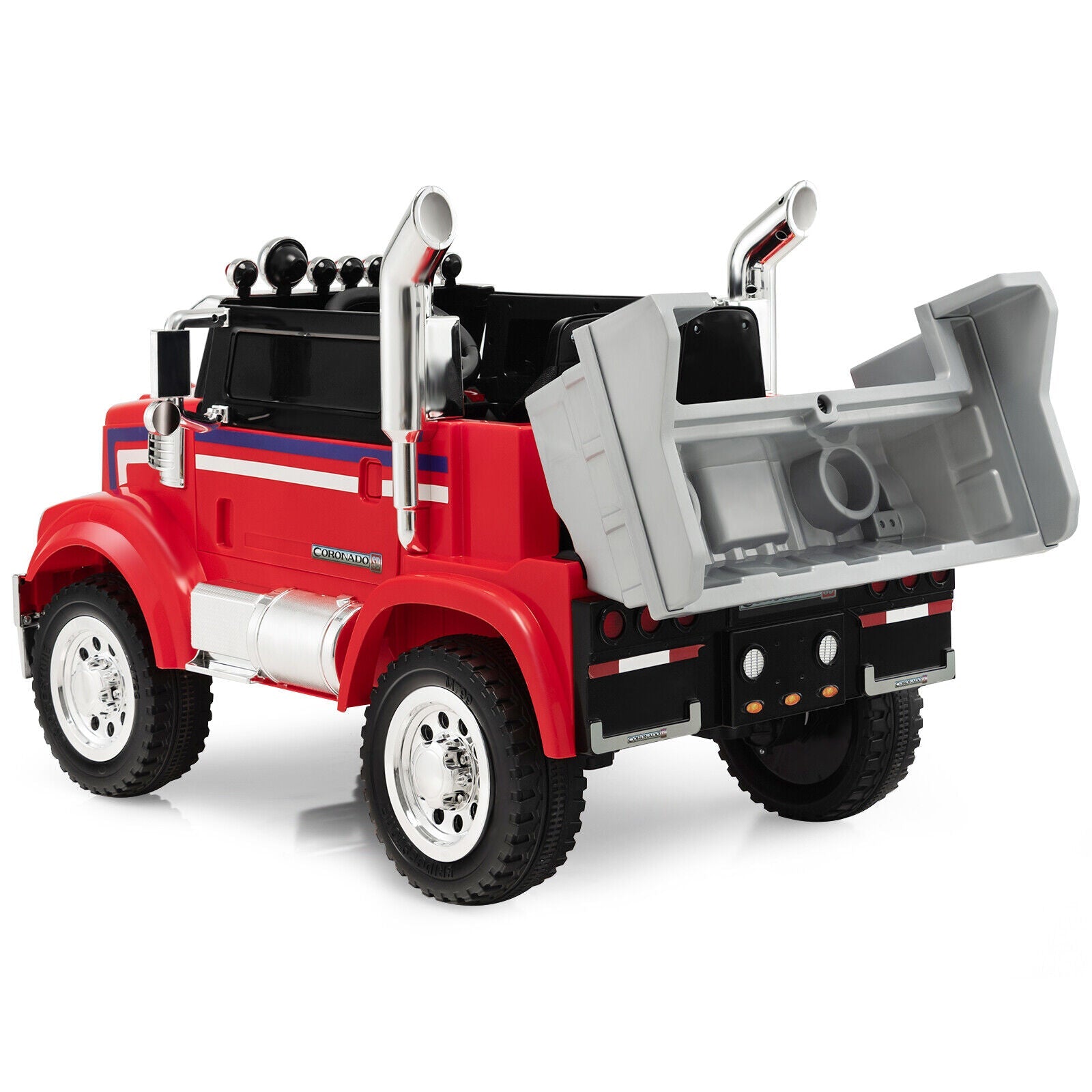 Red 12V Licensed Freightliner Kids Ride On Truck with Dump Box and Lights - Remote Control Included
