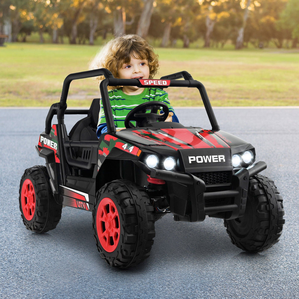 Red 12V Off-Road Electric Ride-On Truck with Realistic Horns and Engine Sounds for Kids