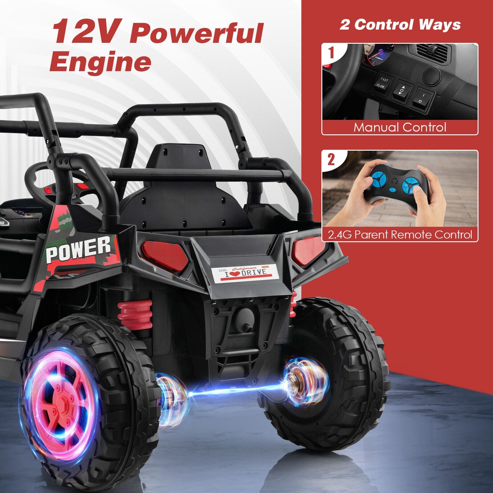 Red 12V Off-Road Electric Ride-On Truck with Realistic Horns and Engine Sounds for Kids