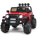 Red 12V RC Ride-On Truck with Spring Suspension, Lights, and Music for Kids