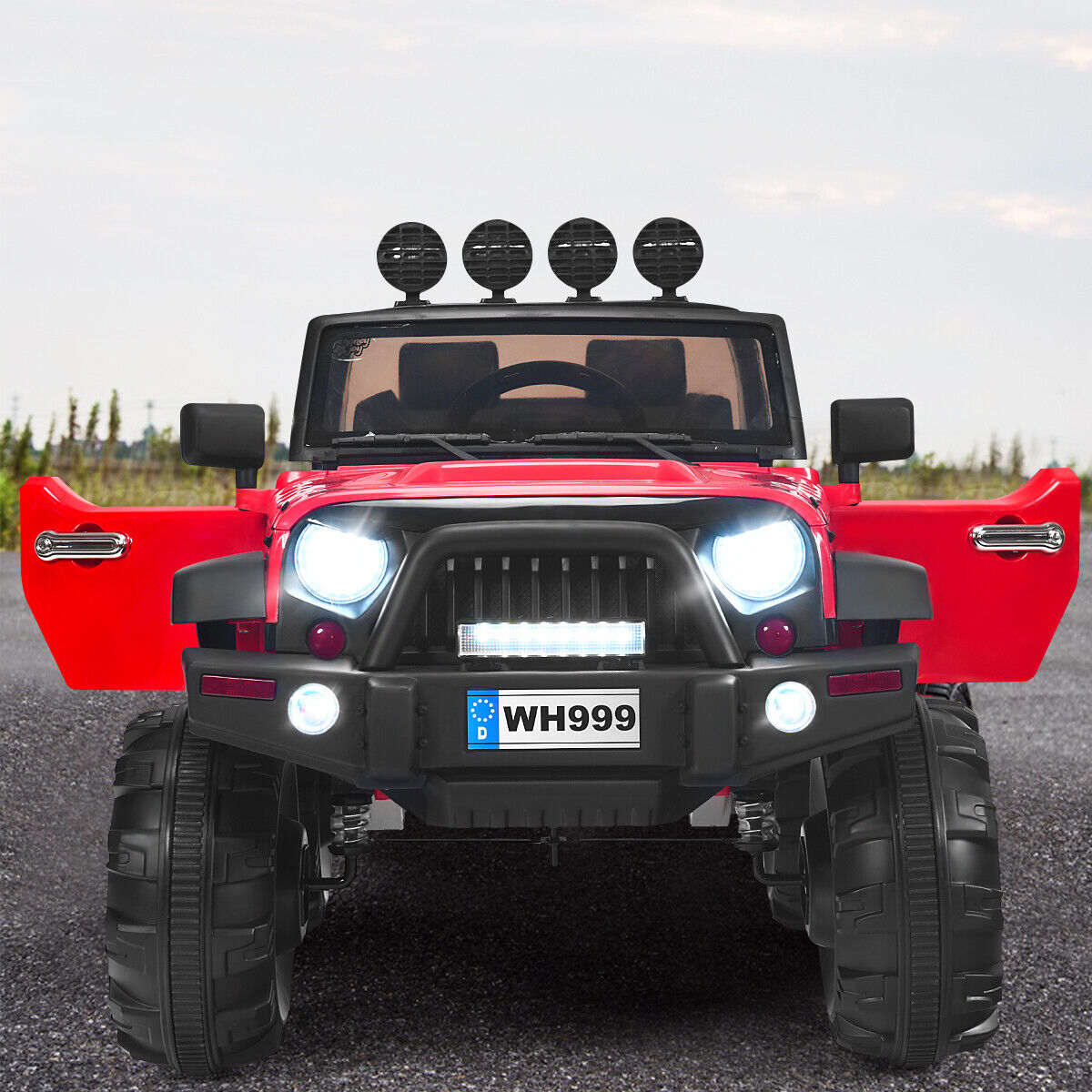 Red 12V RC Ride-On Truck with Spring Suspension, Lights, and Music for Kids