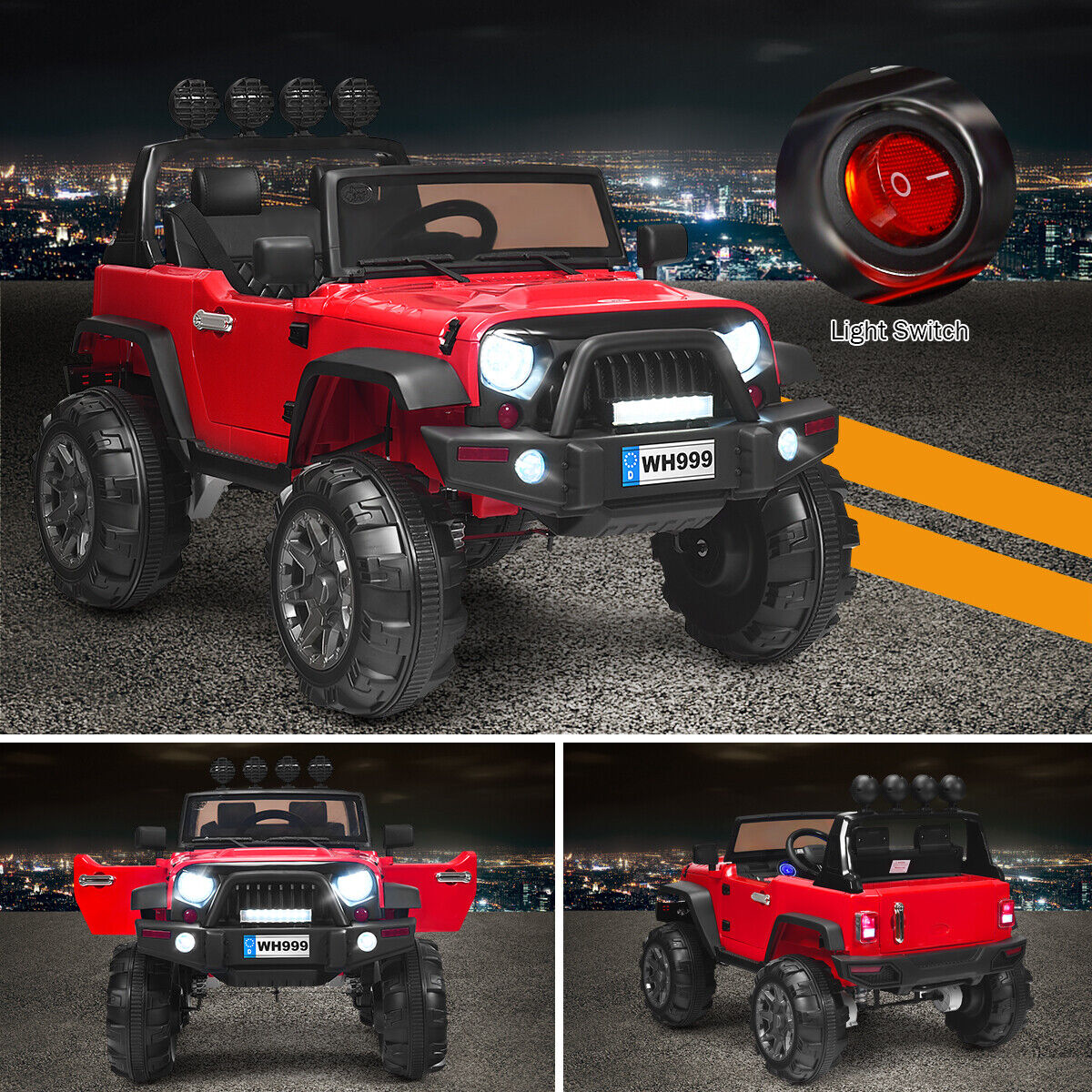 Red 12V RC Ride-On Truck with Spring Suspension, Lights, and Music for Kids