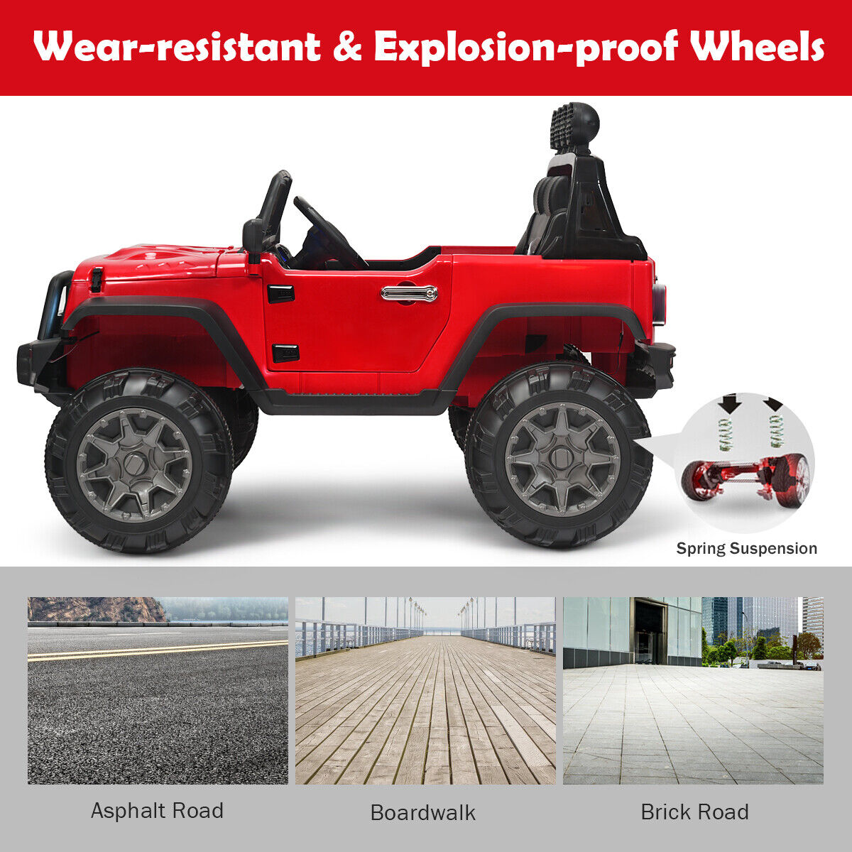 Red 12V RC Ride-On Truck with Spring Suspension, Lights, and Music for Kids