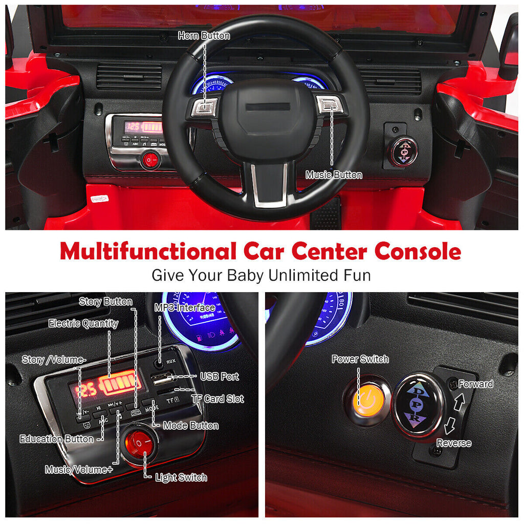 Red 12V RC Ride-On Truck with Spring Suspension, Lights, and Music for Kids