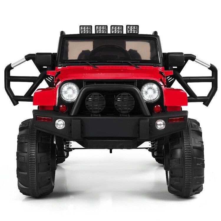 Red 12V Ride On Truck with Remote Control, MP3 Music, and LED Lights for Kids