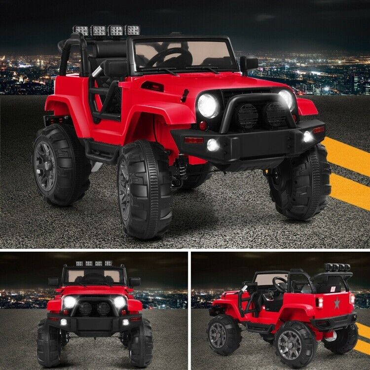 Red 12V Ride On Truck with Remote Control, MP3 Music, and LED Lights for Kids