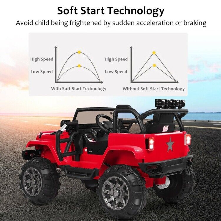 Red 12V Ride On Truck with Remote Control, MP3 Music, and LED Lights for Kids