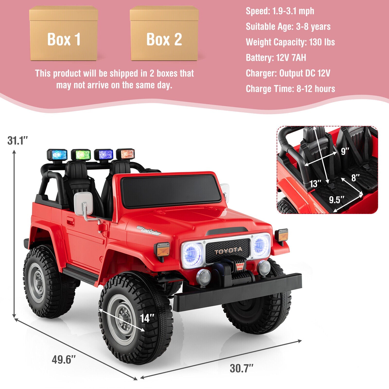 Red 2-Seater Battery Powered Ride-On Car with 3-Point Seat Belts and Doors