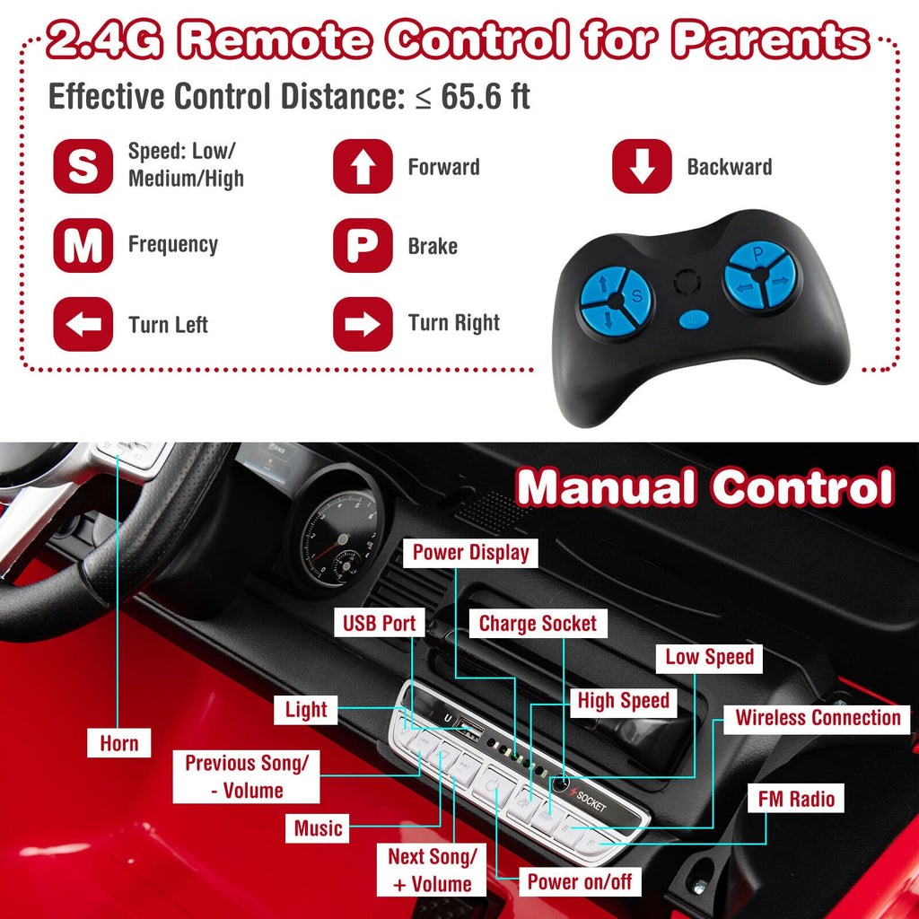 Red 2-Seater Battery Powered Ride-On Car with 3-Point Seat Belts and Doors
