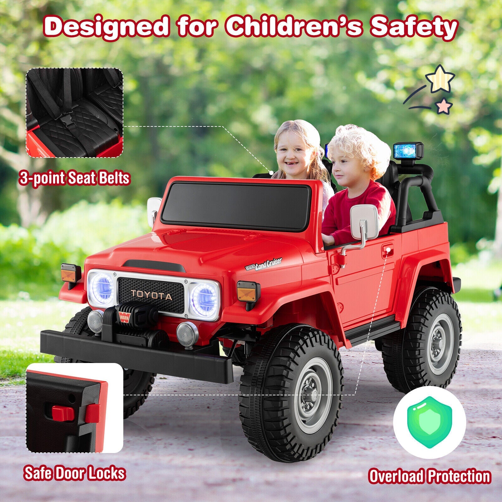 Red 2-Seater Battery Powered Ride-On Car with 3-Point Seat Belts and Doors