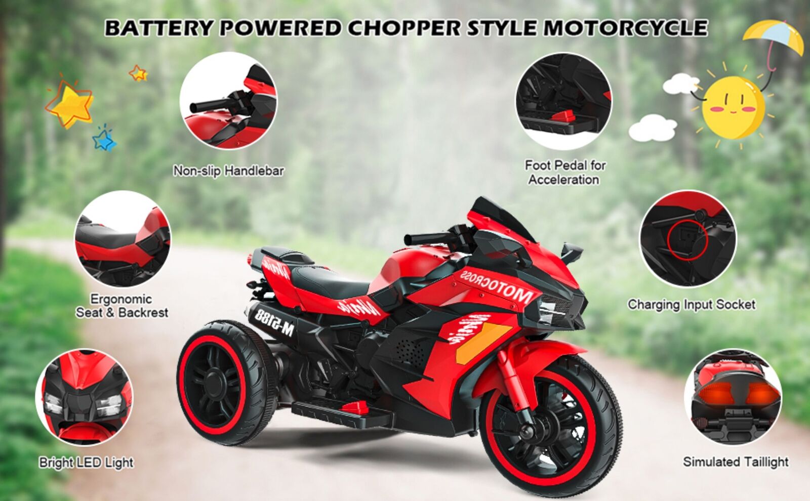 Red 3-Wheel Electric Motorcycle for Kids with Rechargeable 12V Battery