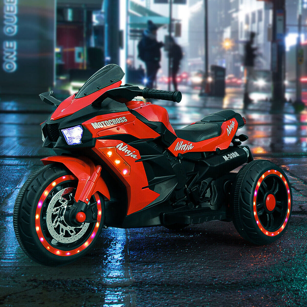 Red 3-Wheel Electric Motorcycle for Kids with Rechargeable 12V Battery