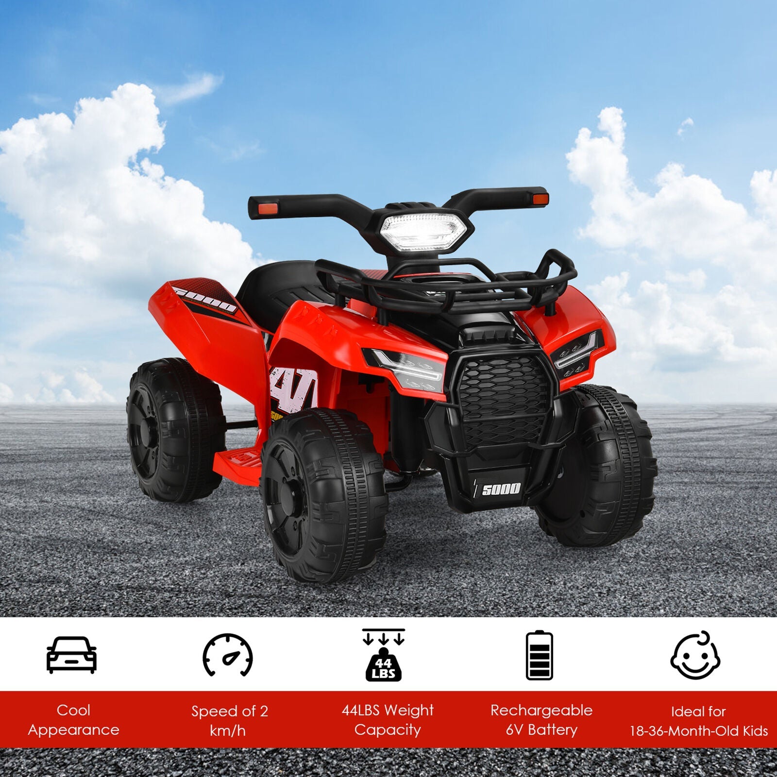 Red 6V Quad Ride-On Car for Kids with Music, Horn, and LED Lights