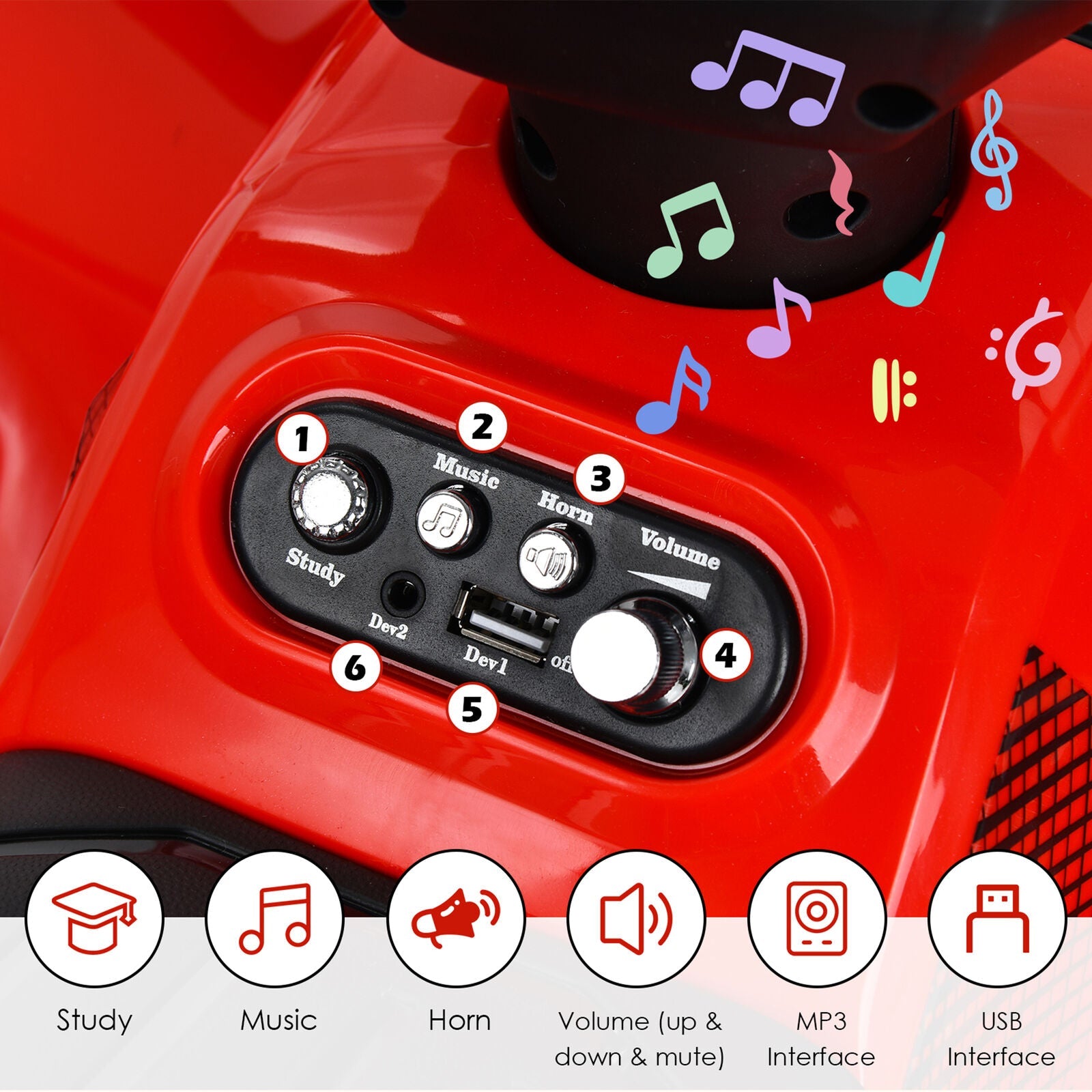 Red 6V Quad Ride-On Car for Kids with Music, Horn, and LED Lights