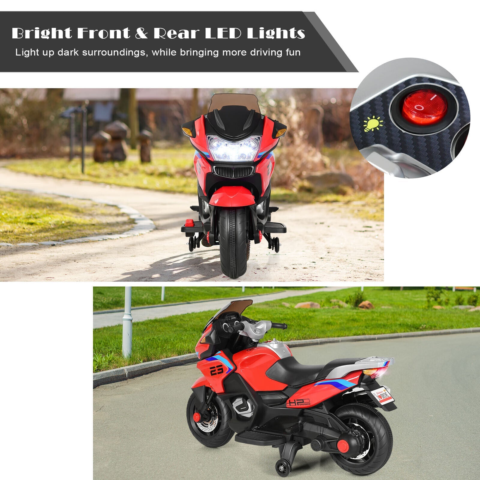 Red Electric Motor Bike for Kids with Training Wheels and Lights - 12V Ride On Motorcycle
