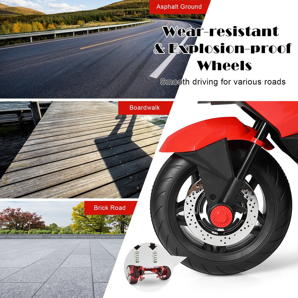 Red Electric Motor Bike for Kids with Training Wheels and Lights - 12V Ride On Motorcycle