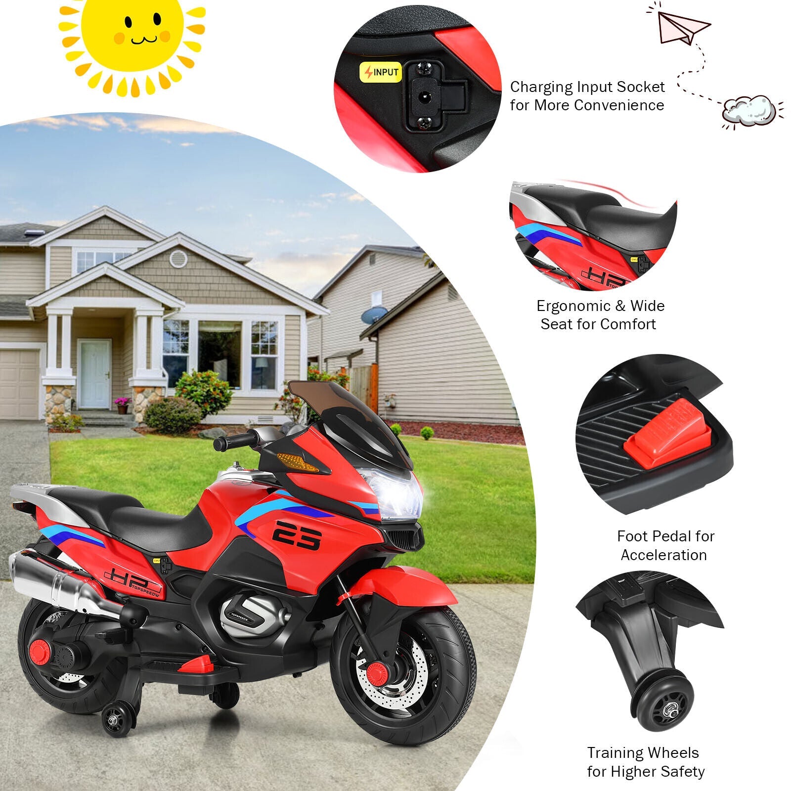 Red Electric Motor Bike for Kids with Training Wheels and Lights - 12V Ride On Motorcycle