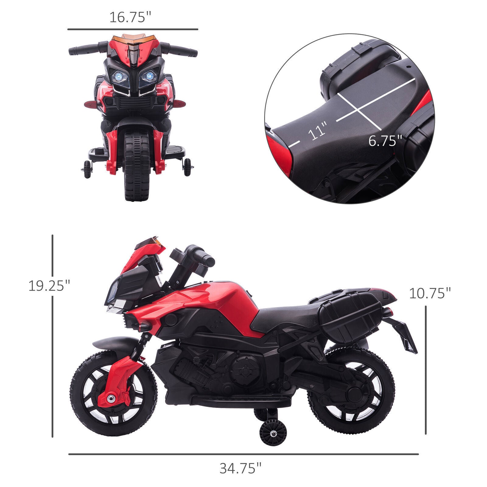 Red Electric Ride-On Motorcycle for Kids with Headlights and Training Wheels