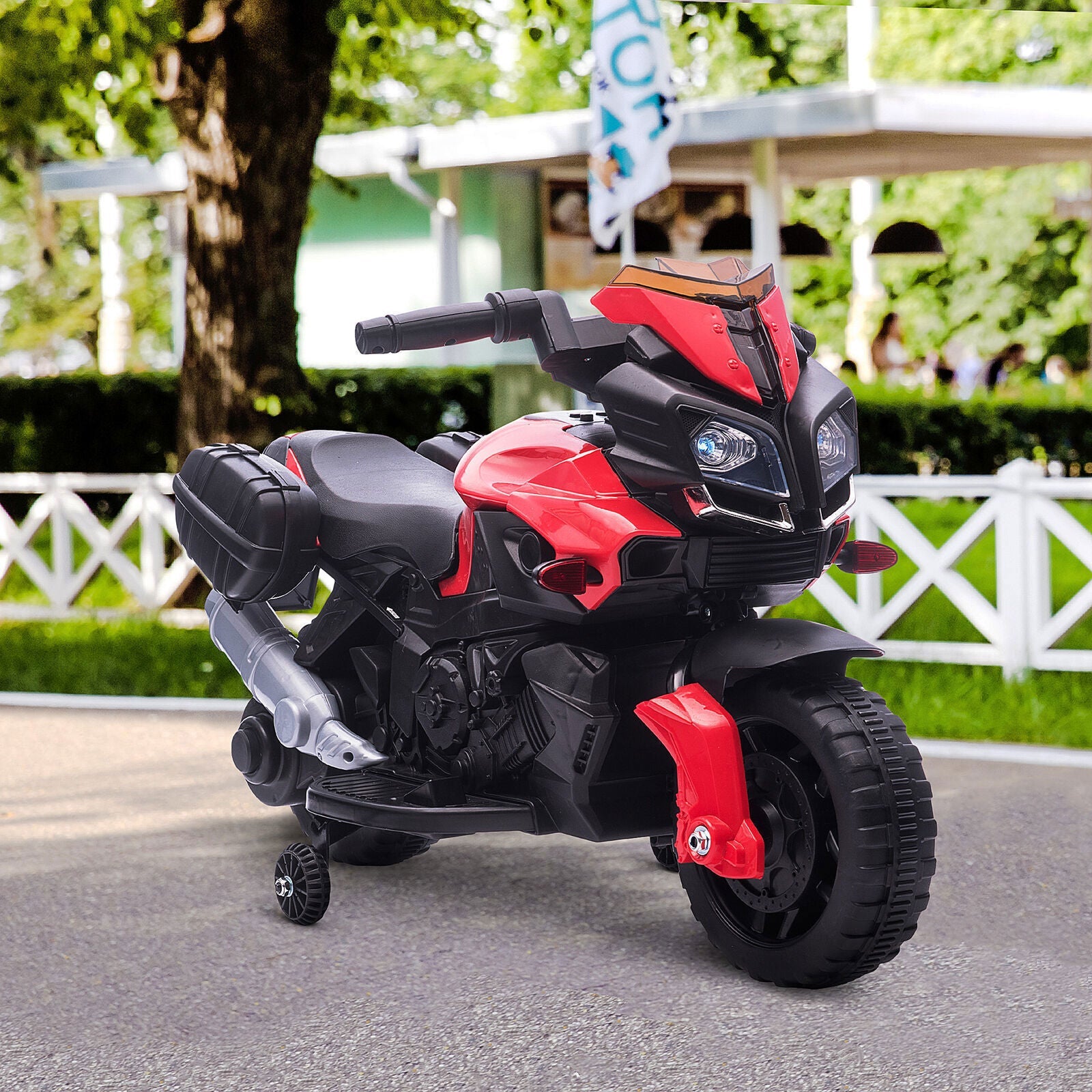 Red Electric Ride-On Motorcycle for Kids with Headlights and Training Wheels